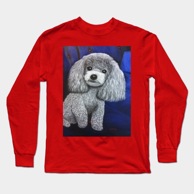Miniature Toy Poodle Painting on Blue Long Sleeve T-Shirt by KarenZukArt